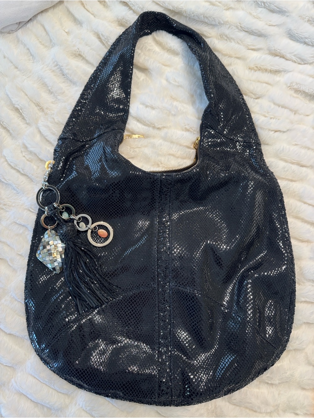 Black Hobo Shoulder Bag with Tassel Charm